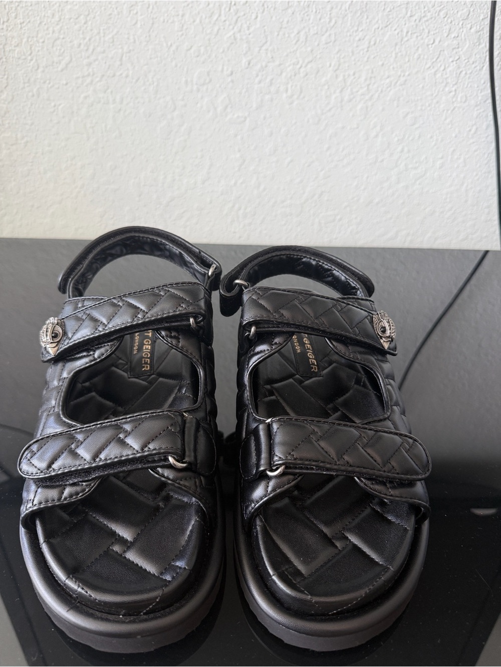 NWOT Kurt Geiger Black Quilted Leather Double-Strap Sandals - Picture 4 of 5